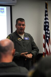 Col. Gary Eilers, director of operations, 19th Air Force briefs participants inside the Danielson auditorium during day two of the AETC PRA training enhancement summit, Joint Base San Antonio-Randolph July 11. This is a 3-day summit hosted by AETC, led by four different program managers representing graduate and undergraduate RPA training systems and training programs.