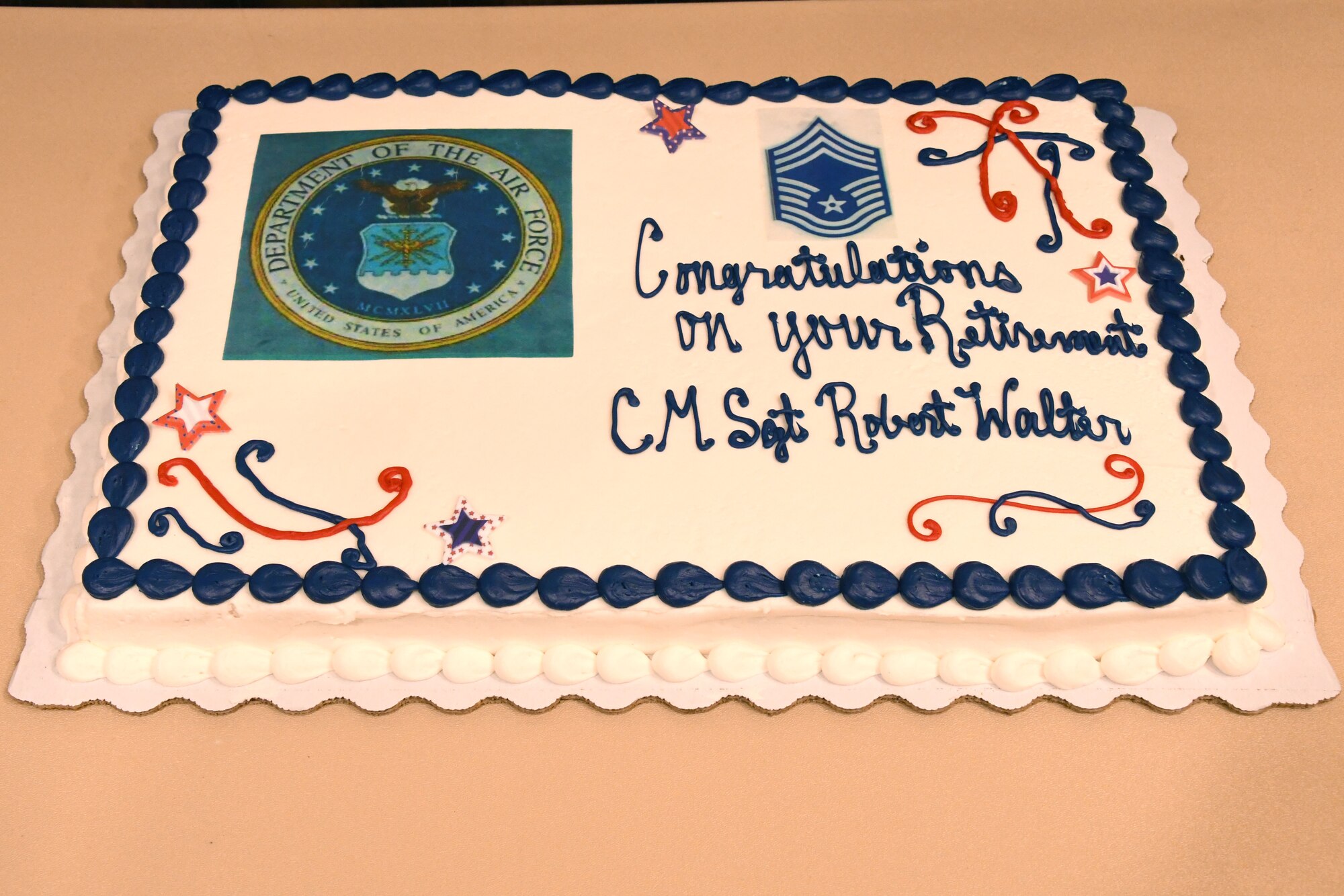 The cake created for Chief Master Sgt. Robert L. Walter, 94th Force Support Squadron superintendent, who retired after 36 years of service. (U.S. Air Force photo/Senior Airman Josh Kincaid)