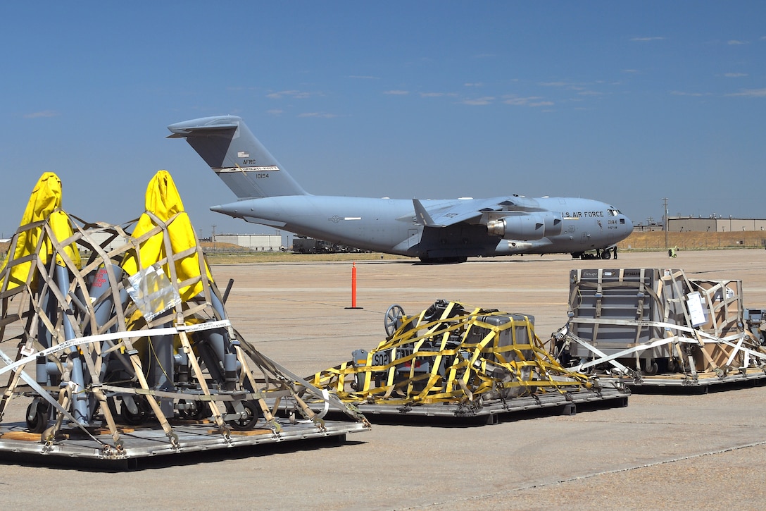 Cargo palletized by the 75th Logistics Readiness Squadron and 388th Maintenance Squadron sits on the ramp during an exercise July 13, 2018, at Hill Air Force Base Utah. (U.S. Air Force photo by Todd Cromar)