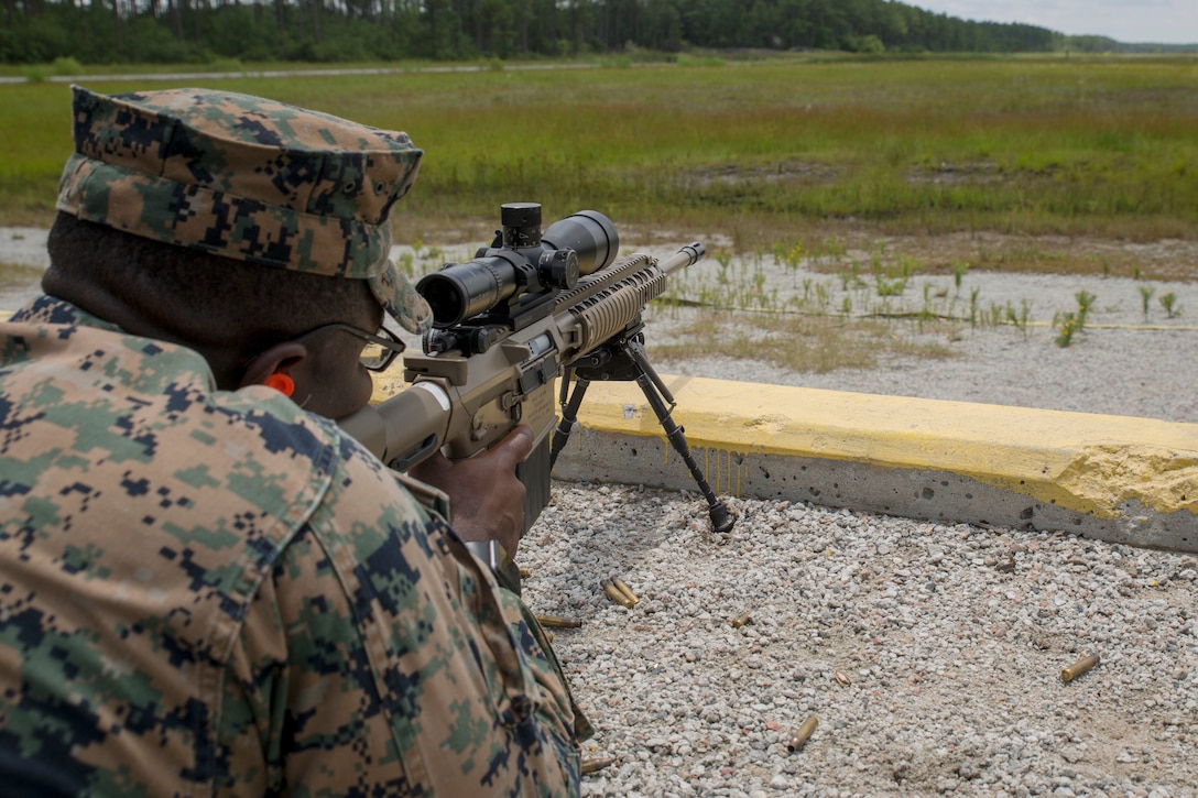 U.S. Marine Corps 2nd Lt. Ade Mubarak with 2nd Law Enforcement Battalion, II Marine Expeditionary Force Information Group, participates in a live-fire range to test a new autonomous robotic target system at Camp Lejeune, N.C., June 27, 2018. These targets will help to further develop Marines marksmanship skills, anticipate natural movement and increase combat effectiveness. (U.S. Marine Corps photo by Lance Cpl. Caleb T. Maher)