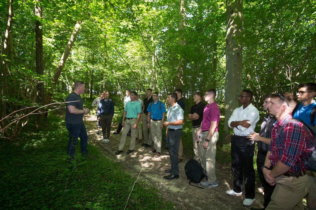 U.S. Marines with 2nd Air Naval Gunfire Liaison Company receive an educational brief while they tour the battle sites of Belleau Wood at Belleau, France, June 29, 2018. (U.S. Marine Corps photo by Cpl. David Delgadillo).