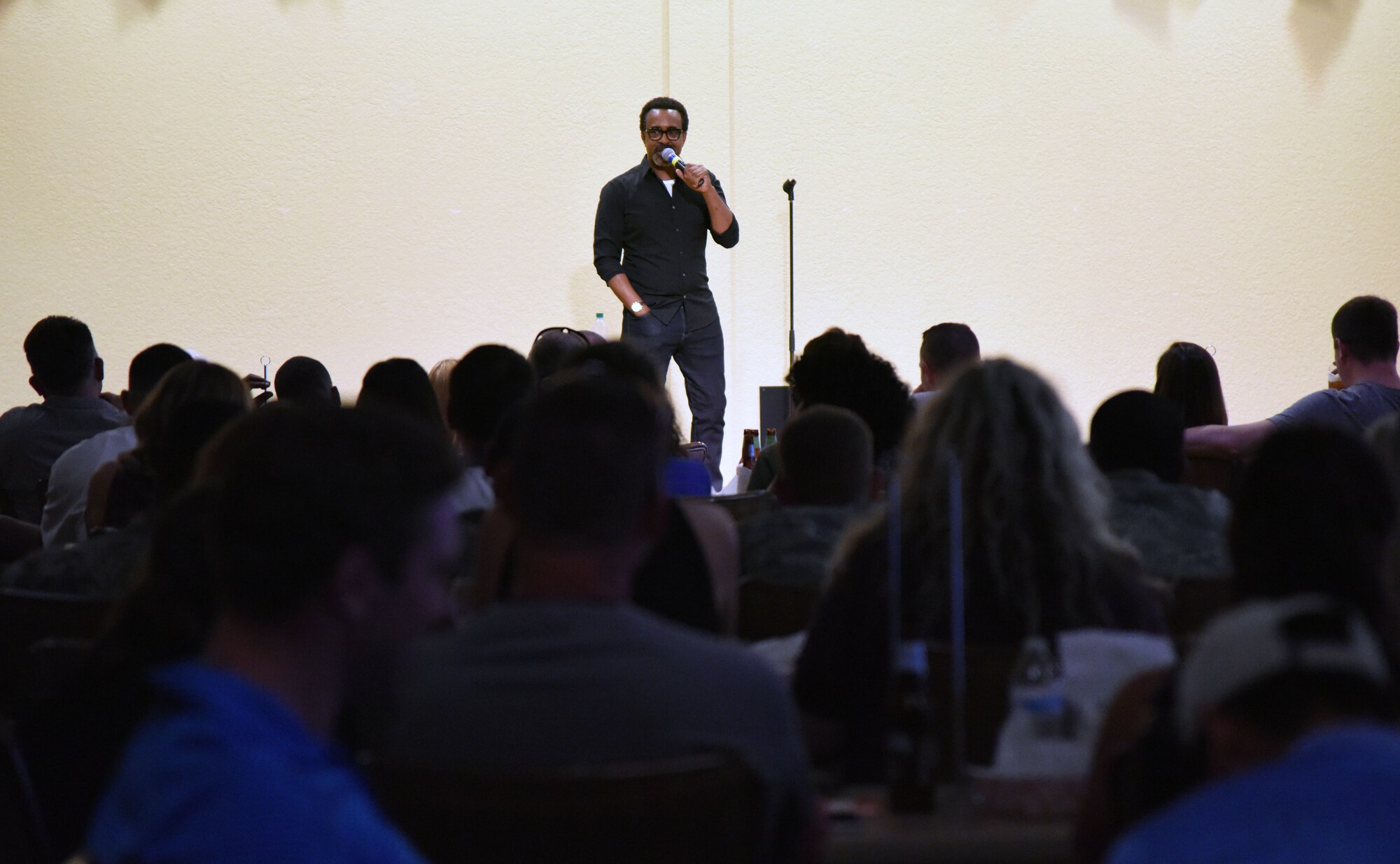 Tim Meadows, actor and comedian, performs for Keesler personnel at the Bay Breeze Event Center at Keesler Air Force Base, Mississippi, July 14, 2018. Meadows is also an alumni of the late-night comedy show, Saturday Night Live. (U.S. Air Force photo by Kemberly Groue)