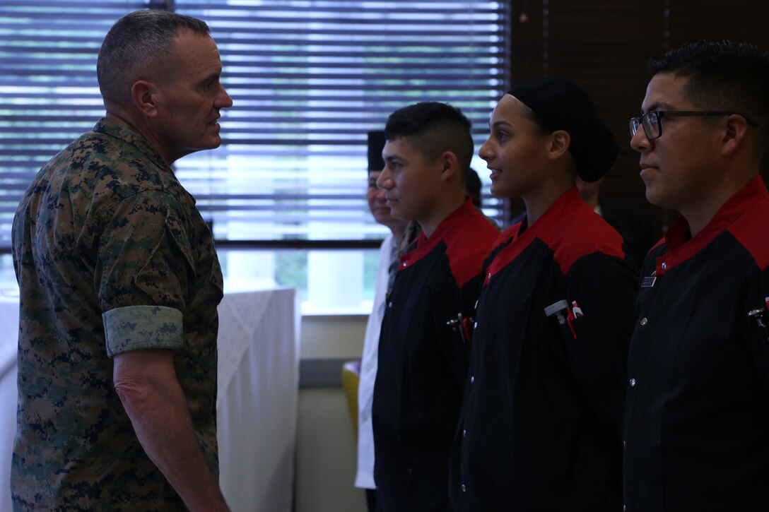 CAMP COURTNEY, OKINAWA, Japan – Maj. Gen. Vincent Coglianese speaks to Food Service Specialist Marines June 22 during the 2018 Major General W.P.T. Hill Memorial Award for Best Management and Mess Attendant Mess Hall award ceremony at Camp Courtney, Okinawa, Japan.