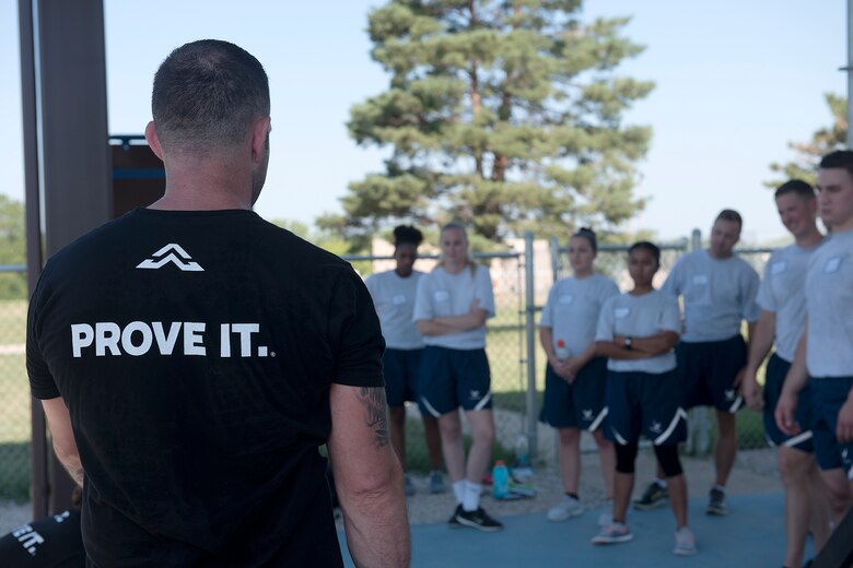 .S. Air Force Physical Training Leaders participate in an Alpha Warrior Battle Rig training course July 10-11, 2018, at Whiteman Air Force Base, Missouri. The PTLs from Scott AFB in Illinois and McConnell AFB in Kansas joined PTLs from Whiteman AFB in a two-day course to become certified on the equipment in order to integrate the battle rig into unit physical training sessions. Units at Whiteman can use the Alpha Warrior Battle Rig during group workouts with a certified member present. The Whiteman Fitness Center will be starting Alpha Warrior Battle Rig classes in August 2018 for Airmen . For more information, contact the Fitness Center at 660-687-5496. (U.S. Air Force photo by Airman 1st Class Taylor Phifer)