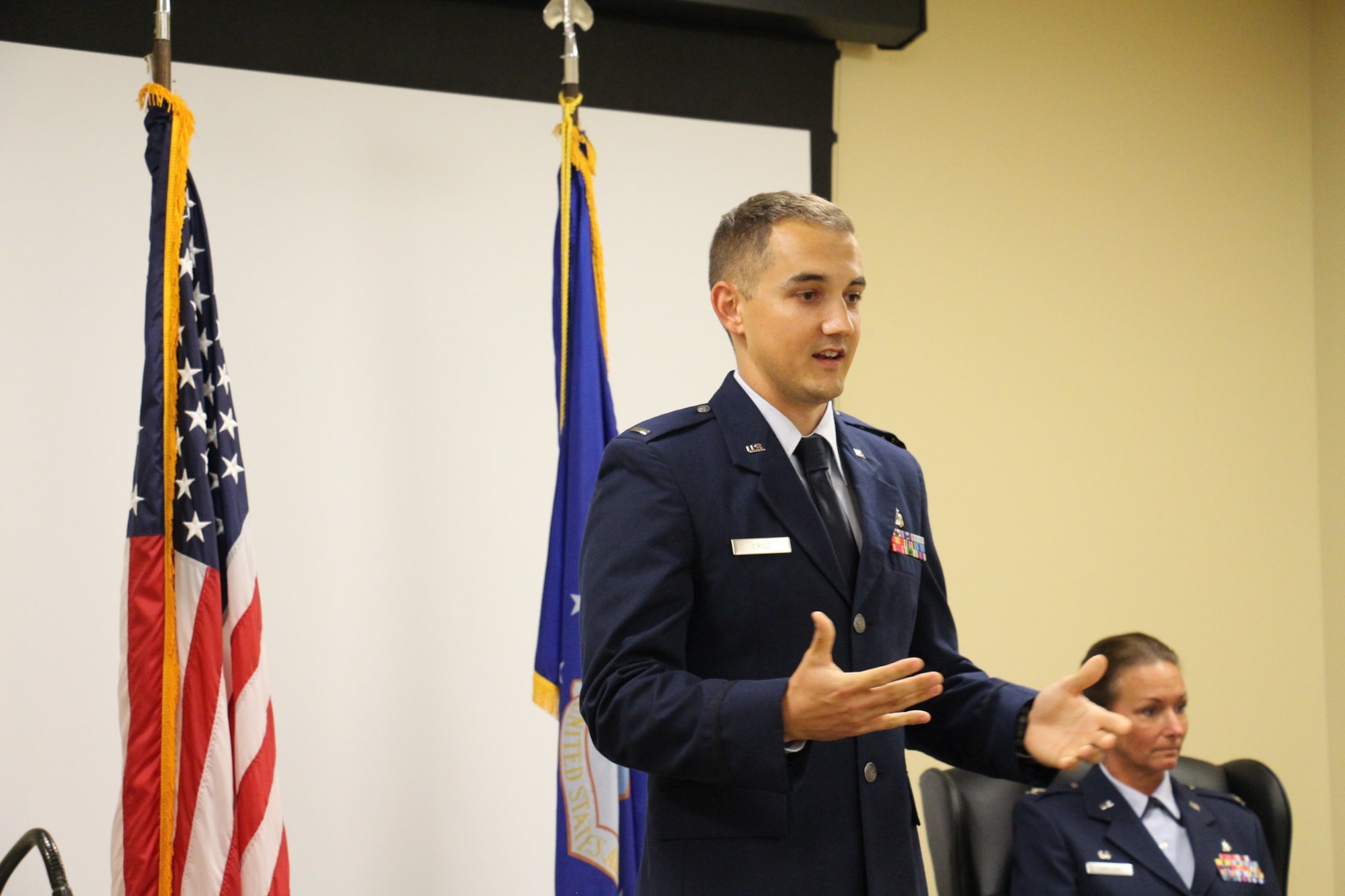 U.S. Air Force 1st Lt. Brandon Cruz, 6th Medical Operations Squadron medical service corps officer, speaks during his commissioning ceremony at MacDill Air Force Base, Fla., June 12, 2018.