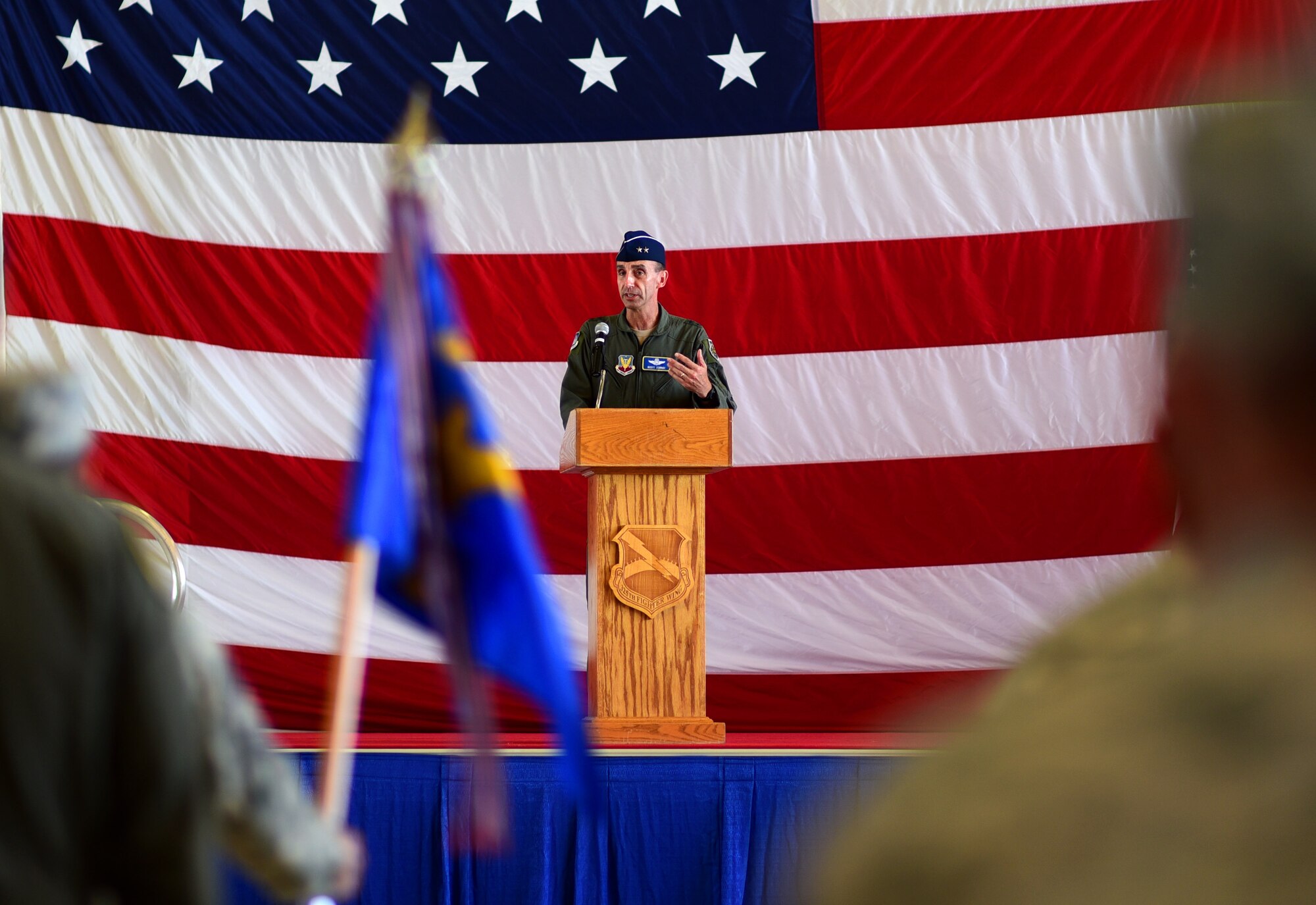 Maj. Gen. Scott J. Zobrist provides key remarks during the 325th Fighter Wing change of command ceremony.
