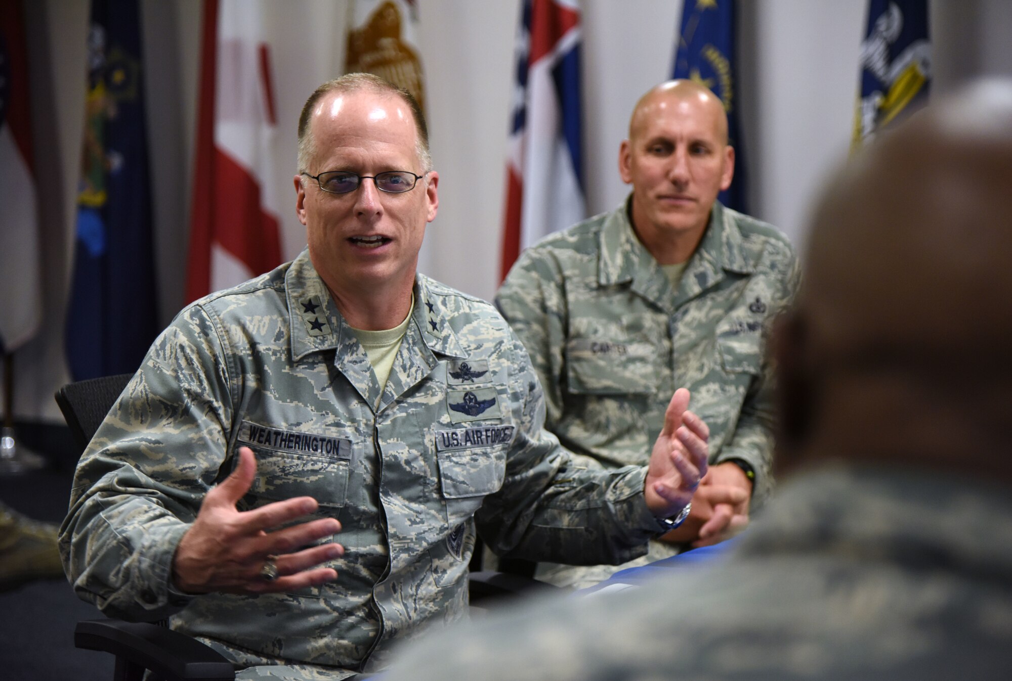 U.S. Air Force Maj. Gen. Mark Weatherington, Air Education and Training Command deputy commander, speaks during an 81st Training Group mission briefing at the Levitow Training Support Facility during a site visit on Keesler Air Force Base, Mississippi, July 11, 2018. Weatherington also received an 81st Training Wing mission briefing followed by a windshield tour of the base to become more familiar with Keesler’s mission. (U.S. Air Force photo by Kemberly Groue)
