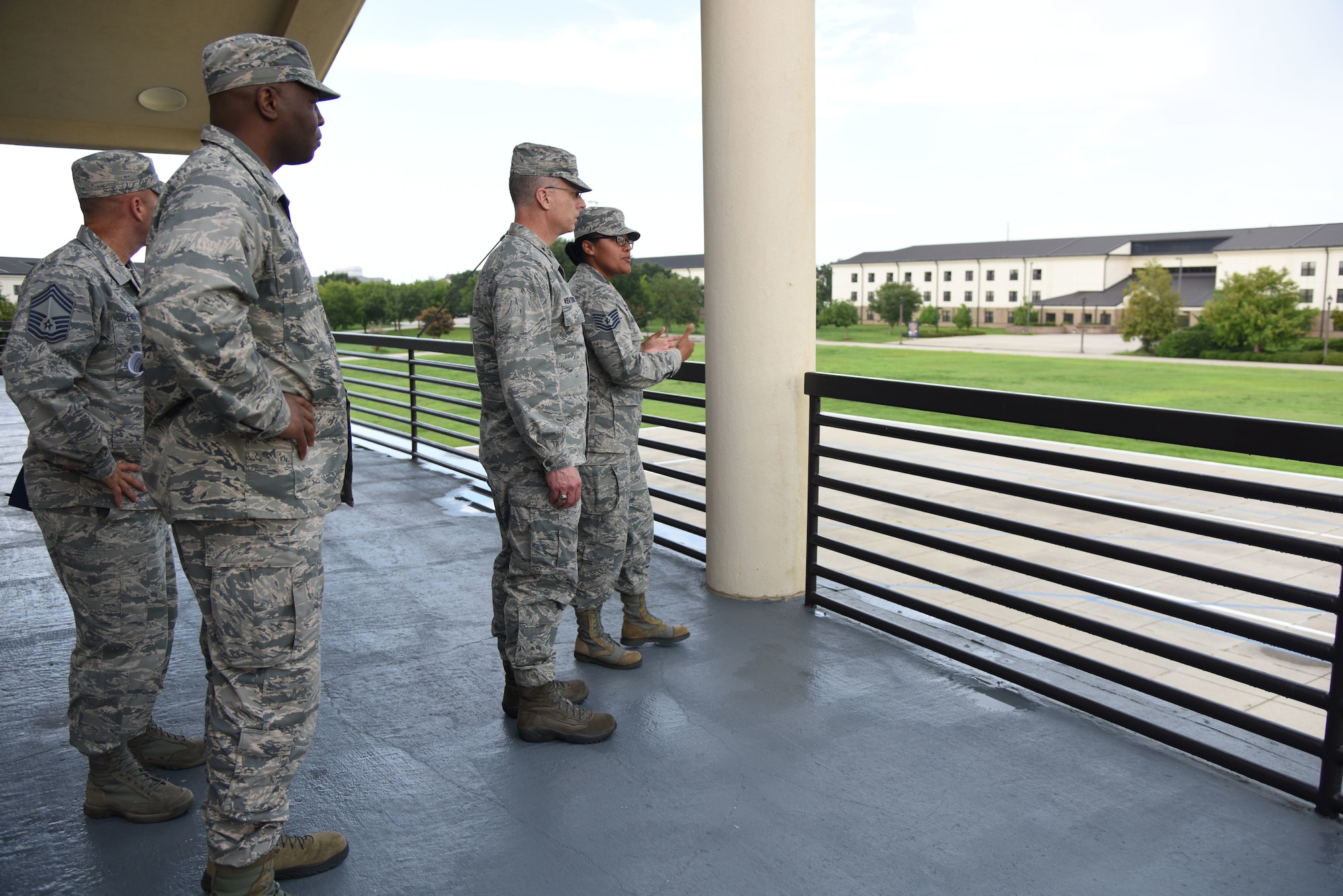 U.S. Air Force Tech. Sgt. Pamela Seegel, 81st Training Group military training operations flight chief, showcases the student triangle area to Maj. Gen. Mark Weatherington, Air Education and Training Command deputy commander, during a site visit at the Levitow Training Support Facility on Keesler Air Force Base, Mississippi, July 11, 2018. Weatherington had a one-day site visit at Keesler to become more familiar with the base’s mission. He also received 81st Training Wing and 81st TRG mission briefings followed by a windshield tour of the base. (U.S. Air Force photo by Kemberly Groue)