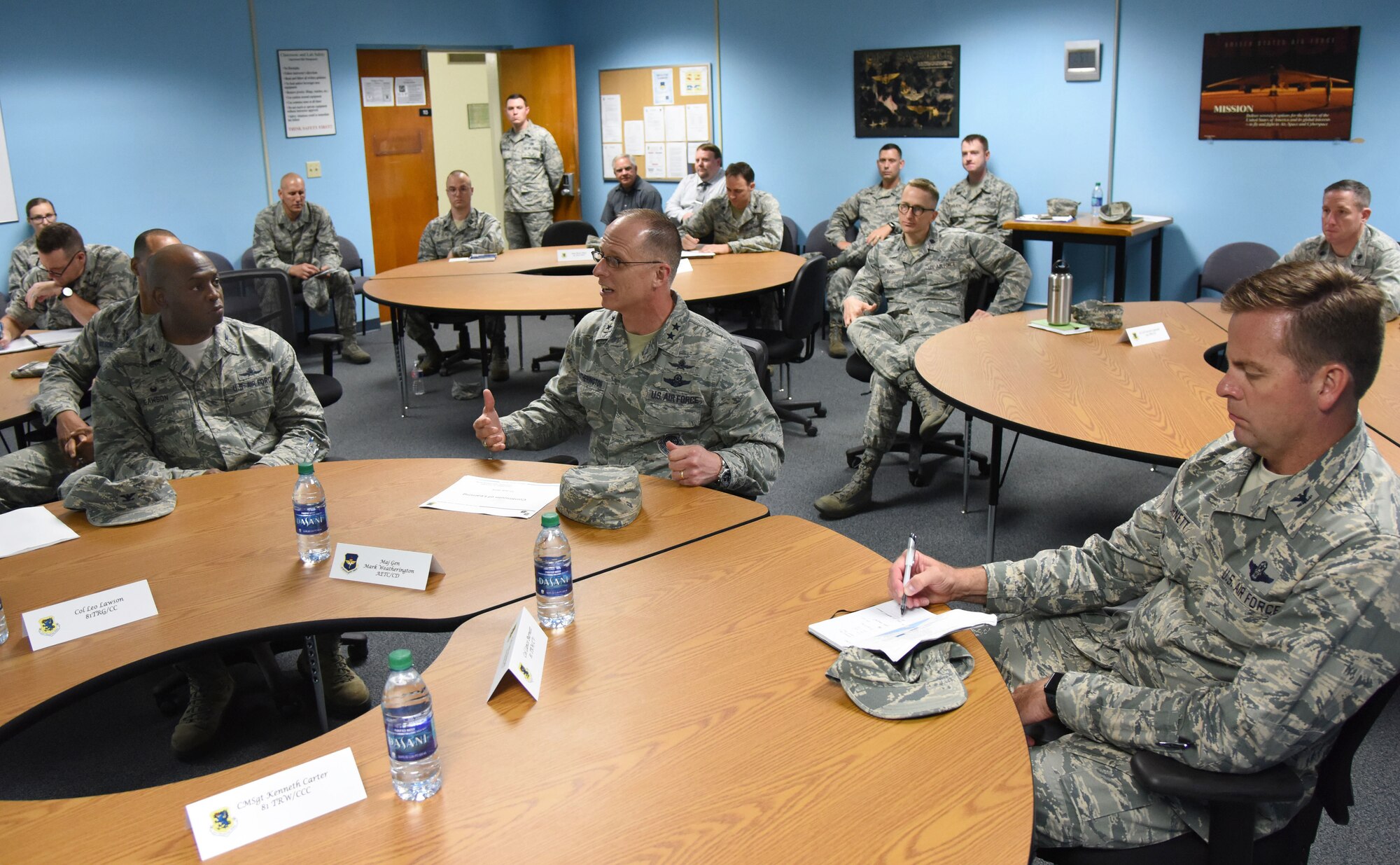 U.S. Air Force Maj. Gen. Mark Weatherington, Air Education and Training Command deputy commander, makes comments during a Continuum of Learning briefing during a site visit at Bryan Hall on Keesler Air Force Base, Mississippi, July 11, 2018. Weatherington had a one-day site visit at Keesler to become more familiar with the base’s mission. He also received 81st Training Wing and 81st Training Group mission briefings followed by a windshield tour of the base. (U.S. Air Force photo by Kemberly Groue)