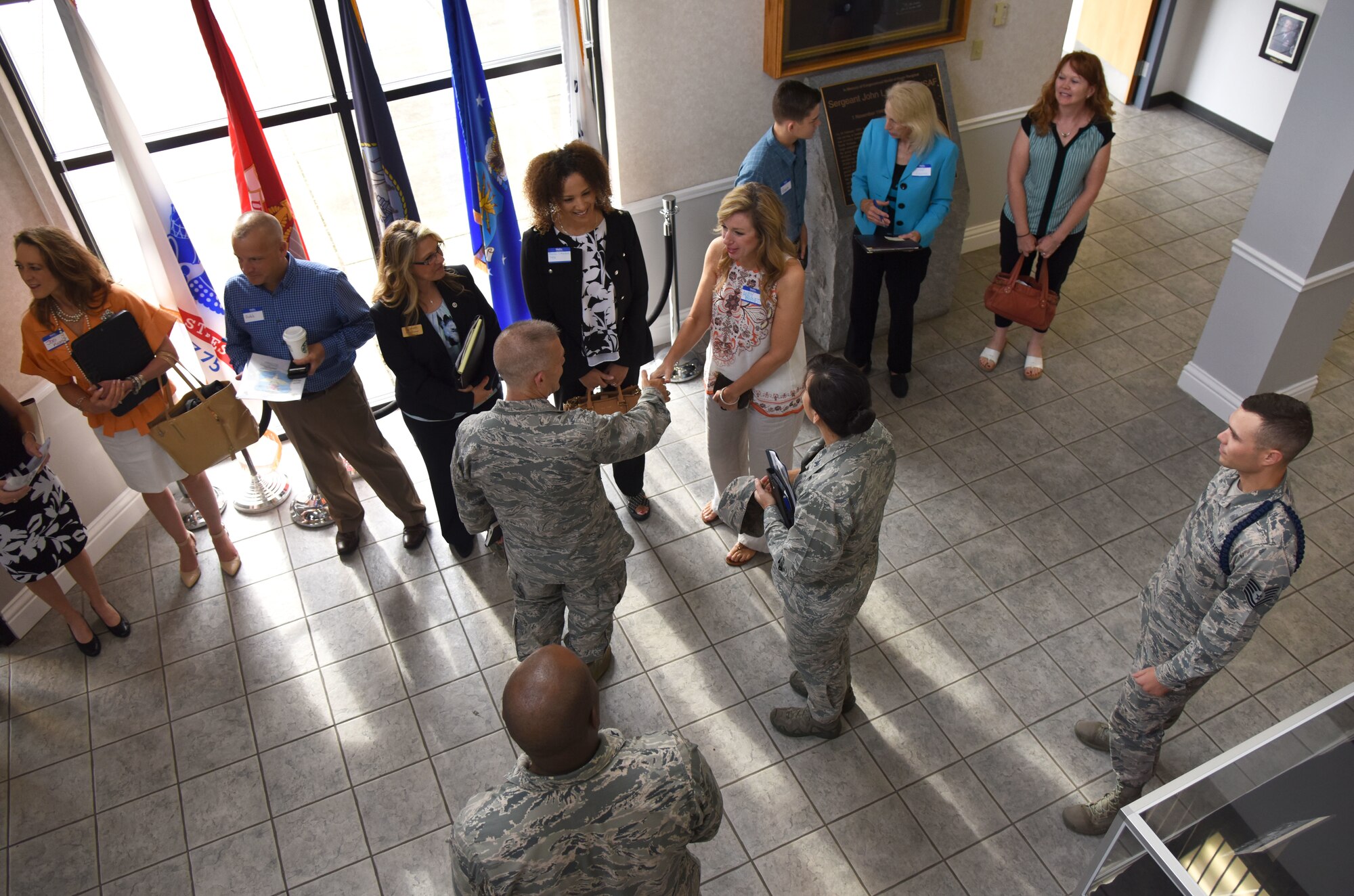 U.S. Air Force Lt. Gen. Steven Kwast, Air Education and Training Command commander, is greeted by Keesler leadership and their spouses at the Levitow Training Support Facility during an immersion tour at Keesler Air Force Base, Mississippi, July 16, 2018. Kwast also received an 81st Training Group briefing followed by a tour of the Keesler Medical Center to become more familiar with Keesler’s mission. (U.S. Air Force photo by Kemberly Groue)