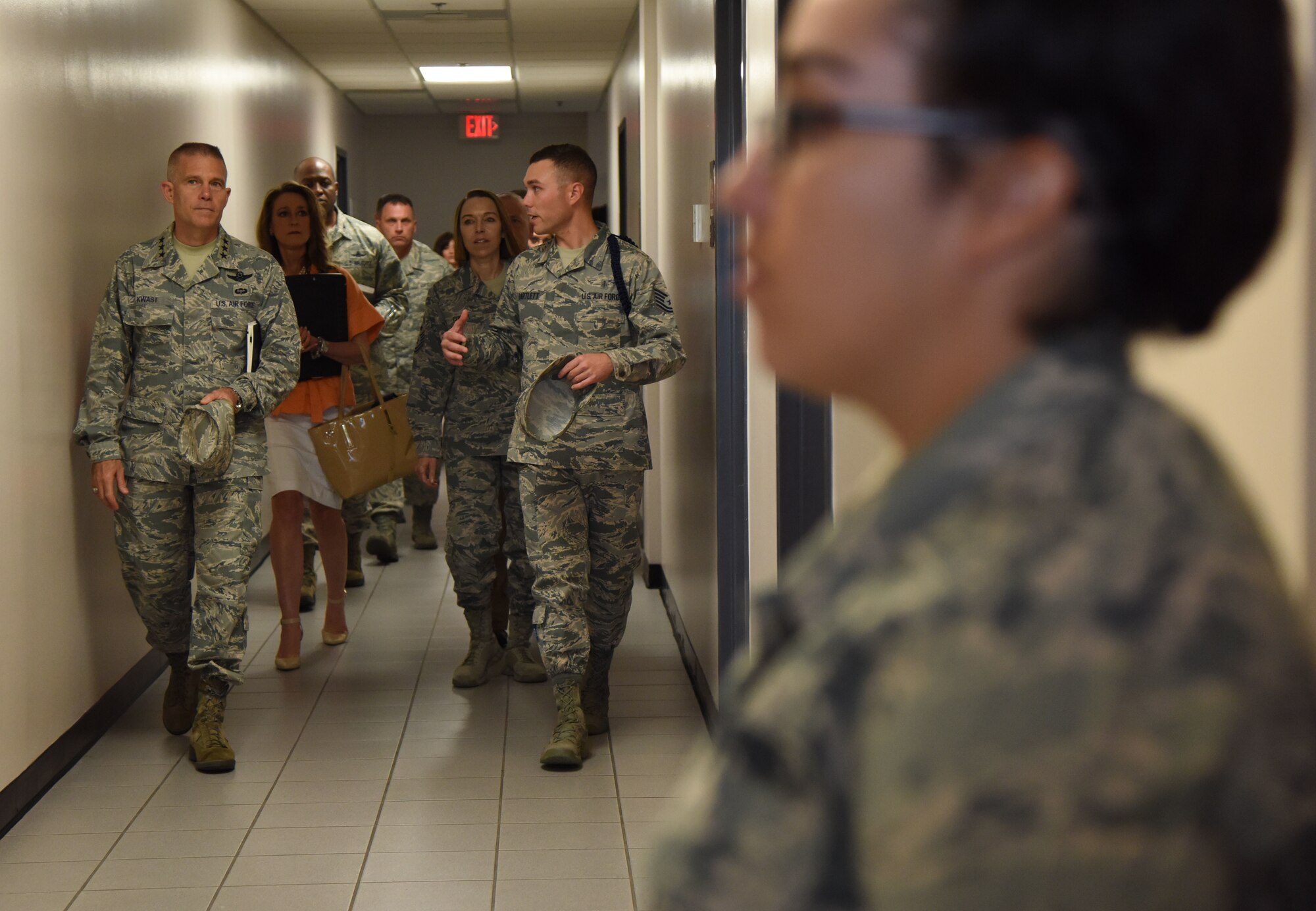 U.S. Air Force Tech. Sgt. Zachary Bartlett, 81st Training Support Squadron military training leader, provides a tour of the Levitow Training Support Facility to Lt. Gen. Steven Kwast, Air Education and Training Command commander, during an immersion tour at Keesler Air Force Base, Mississippi, July 16, 2018. Kwast also received a tour of Cody Hall and the Keesler Medical Center to become more familiar with Keesler’s mission. (U.S. Air Force photo by Kemberly Groue)