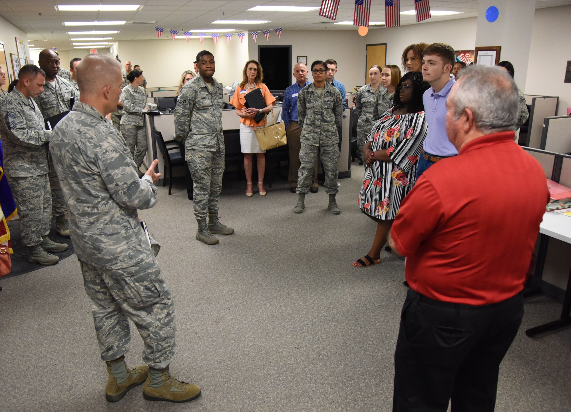 U.S. Air Force Lt. Gen. Steven Kwast, Air Education and Training Command commander, speaks to members of the student personnel center at the Levitow Training Support Facility during an immersion tour at Keesler Air Force Base, Mississippi, July 16, 2018. Kwast also received a tour of Cody Hall and the Keesler Medical Center to become more familiar with Keesler’s mission. (U.S. Air Force photo by Kemberly Groue)