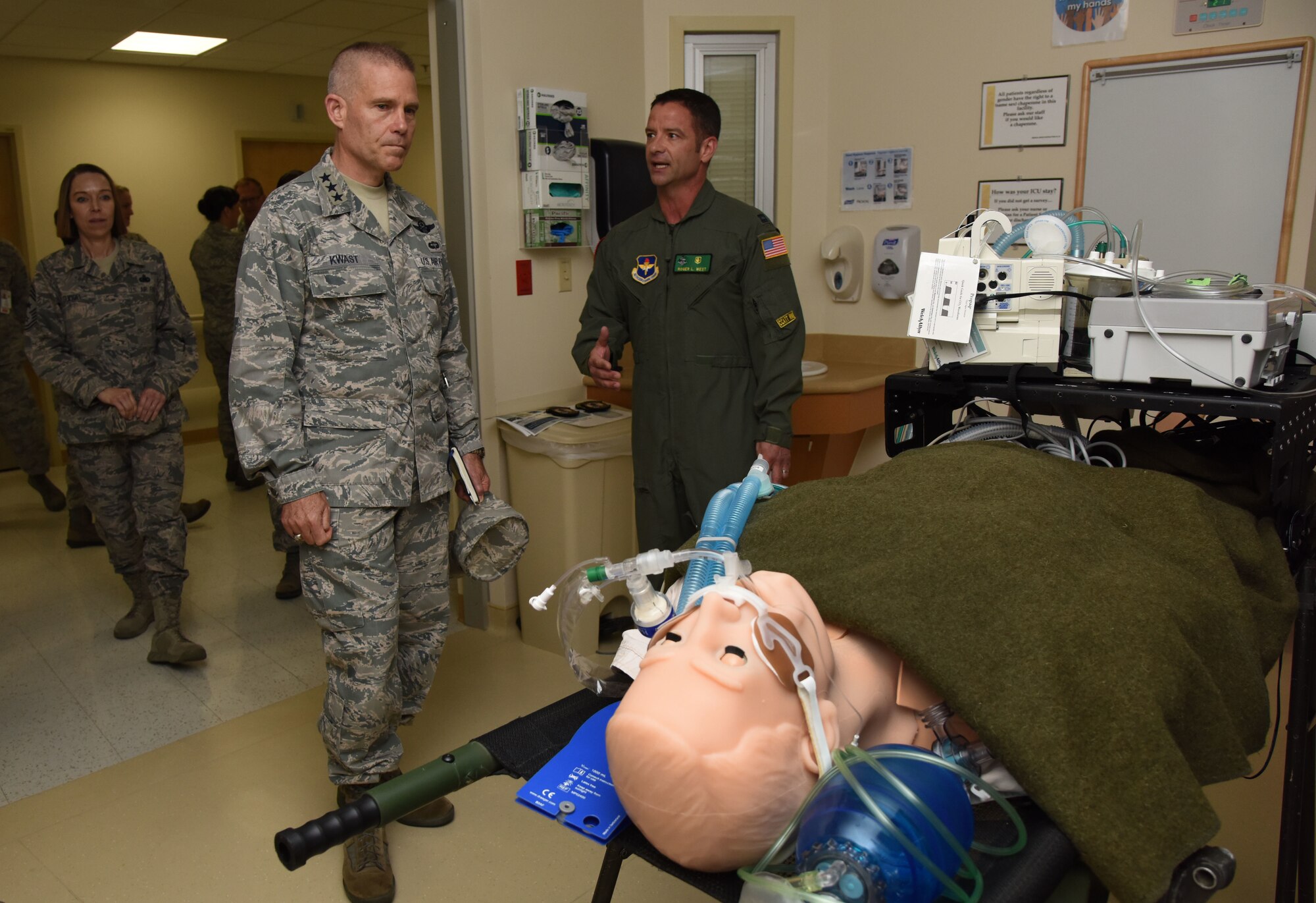U.S. Air Force Capt. Roger West, 81st Inpatient Operation Squadron intensive care unit element leader, briefs Lt. Gen. Steven Kwast, Air Education and Training Command commander, on ICU care at the Keesler Medical Center during an immersion tour at Keesler Air Force Base, Mississippi, July 16, 2018. Kwast also received an 81st Training Group briefing and a tour of the Levitow Training Support Facility to become more familiar with Keesler’s mission. (U.S. Air Force photo by Kemberly Groue)