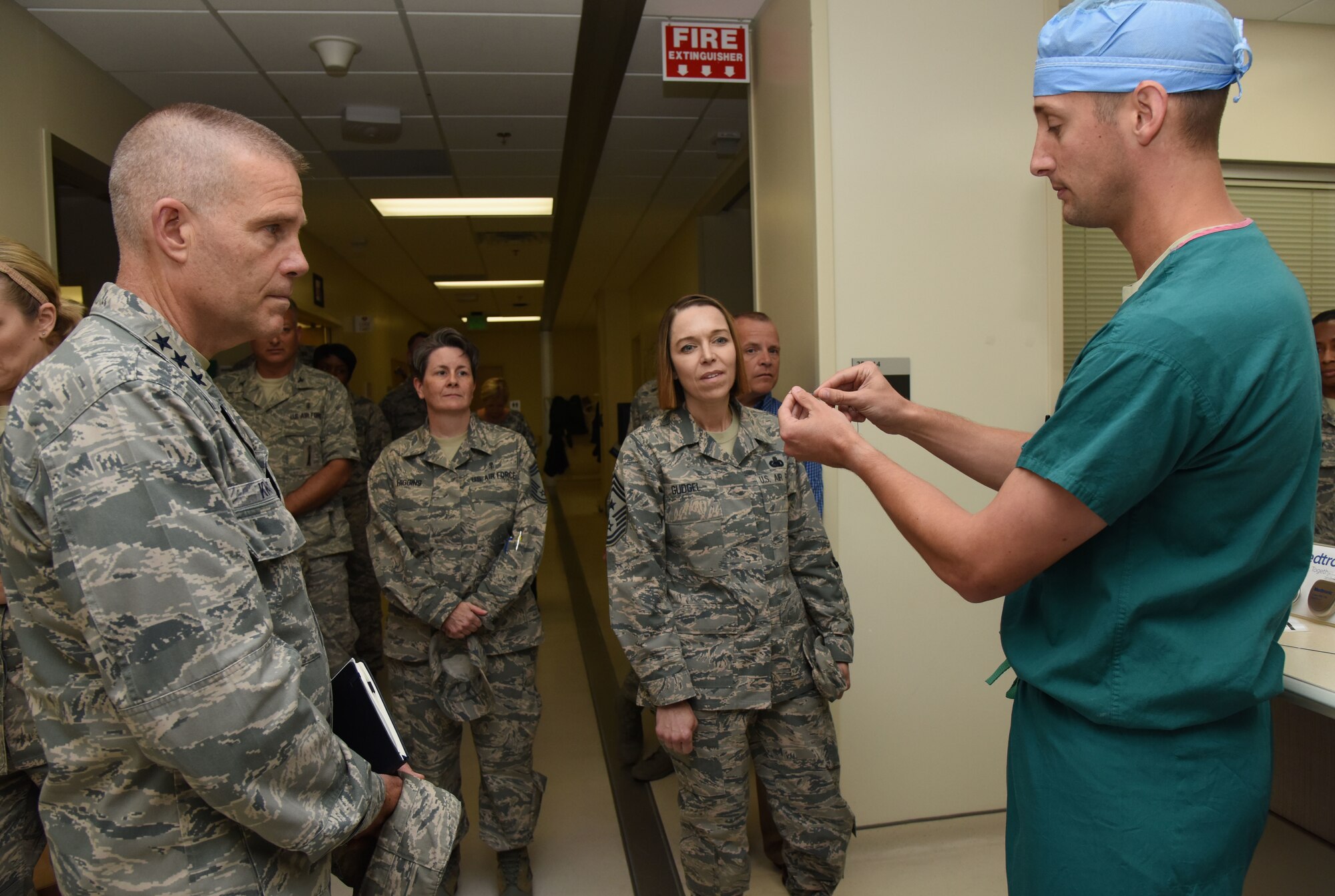 U.S. Air Force Maj. F. David Russo, 81st Medical Operations Squadron interventional cardiologist, briefs Lt. Gen. Steven Kwast, Air Education and Training Command commander, and Chief Master Sgt. Julie Gudgel, AETC command chief, on implant procedures at Keesler Medical Center during an immersion tour at Keesler Air Force Base, Mississippi, July 16, 2018. Kwast also received an 81st Training Group briefing and a tour of the Levitow Training Support Facility to become more familiar with Keesler’s mission. (U.S. Air Force photo by Kemberly Groue)