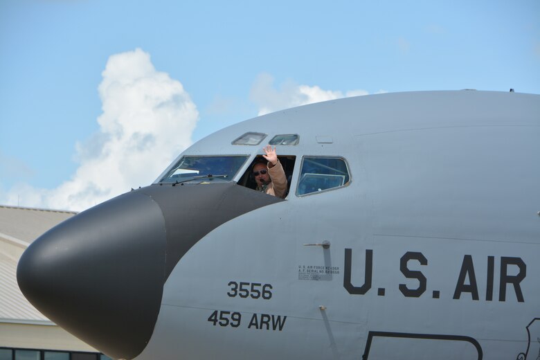 U.S. Air Force Lt. Col. Ben Evans, a pilot with the 465th Air Refueling Squadron at Tinker Air Force Base, Okla., waves from the cockpit of a KC-135R Stratotanker aircraft upon returning from a deployment to Incirlik Air Base, Turkey July 5, 2018. More than 100 Reserve Citizen Airmen from the 507th Air Refueling Wing at Tinker AFB deployed to Incirlik Air Base, Turkey, in support of air operations. (U.S. Air Force photo by Tech. Sgt. Samantha Mathison)