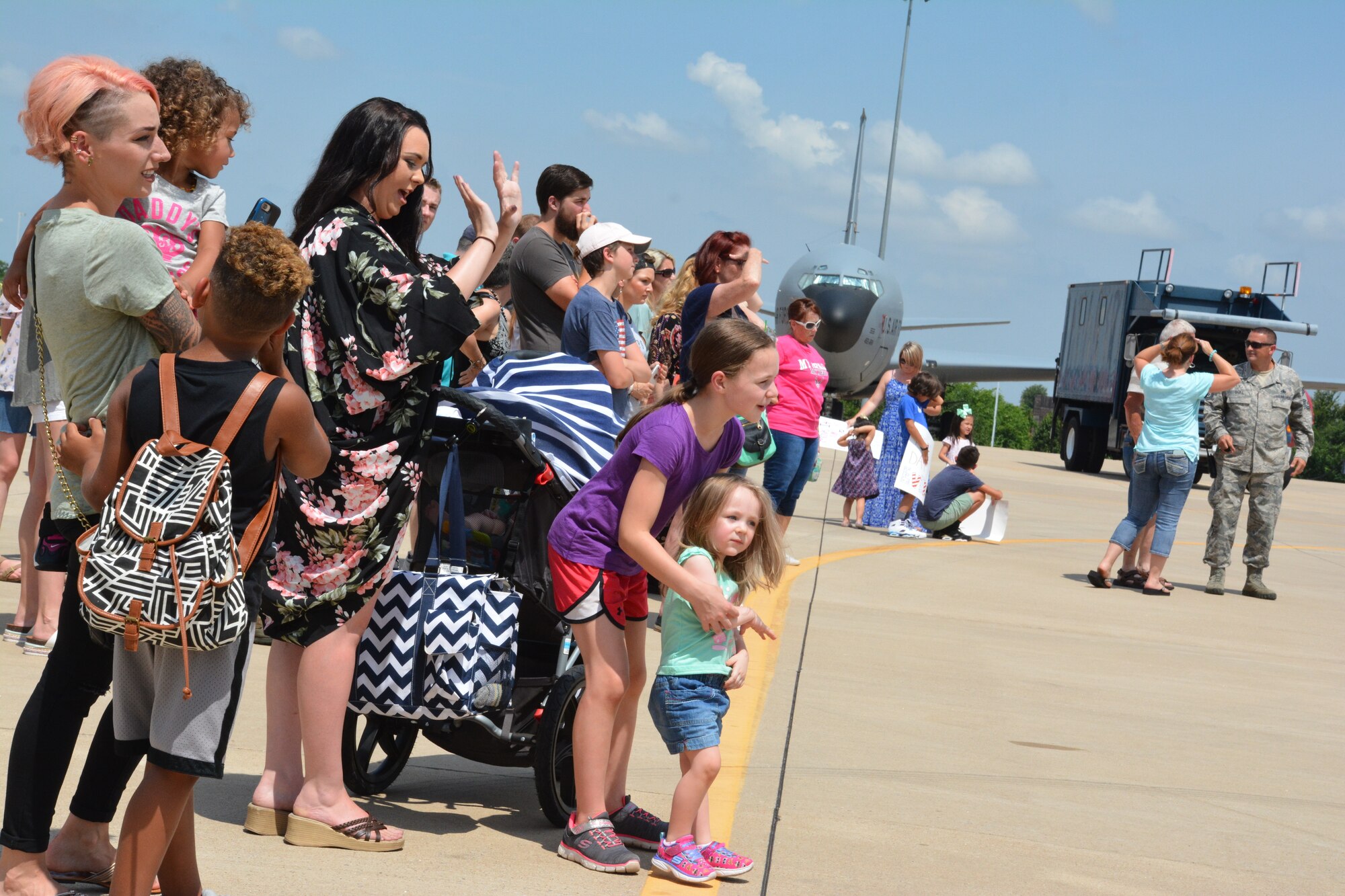 Friends, family and coworkers wait for a deployed group of U.S. Air Force Reserve Citizen Airmen assigned to the 507th Air Refueling Wing (ARW) to return home to Tinker Air Force Base, Okla., July 7, 2018. More than 100 Reserve Citizen Airmen from the 507th ARW deployed to Incirlik Air Base, Turkey, in support of air operations. (U.S. Air Force photo by Master Sgt. Grady Epperly)