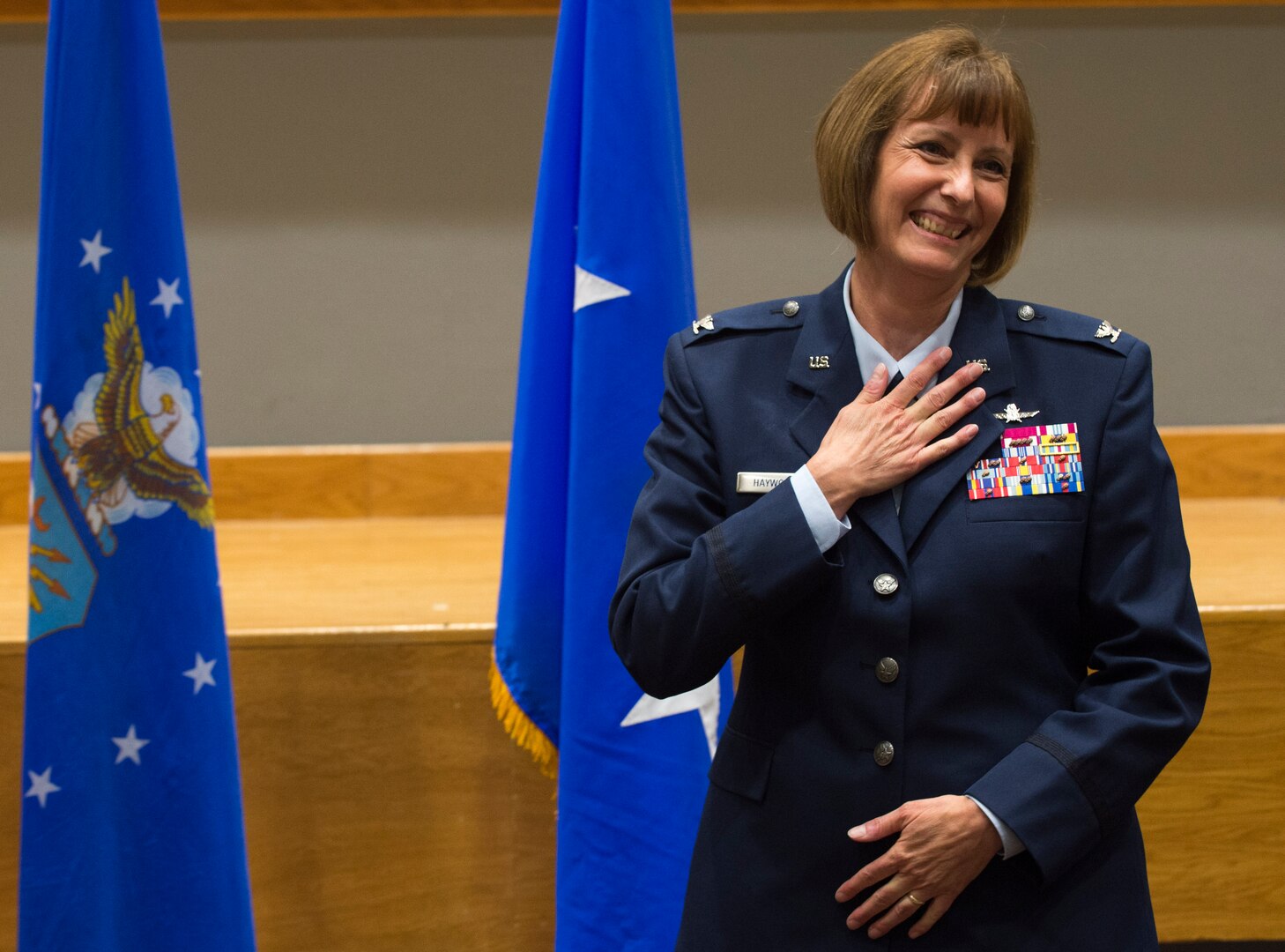 Col. Michelle Hayworth, Air Forces Cyber vice commander, thanks those in attendance during her promotion ceremony to brigadier general at Joint Base San Antonio-Lackland, Texas, July, 16, 2018. In June, Hayworth re-joined AFCYBER from Air Force Space Command. She previously served in AFCYBER, most recently as the 688th Cyberspace Wing Commander. (U.S. Air Force photo by Tech. Sgt. R.J. Biermann)