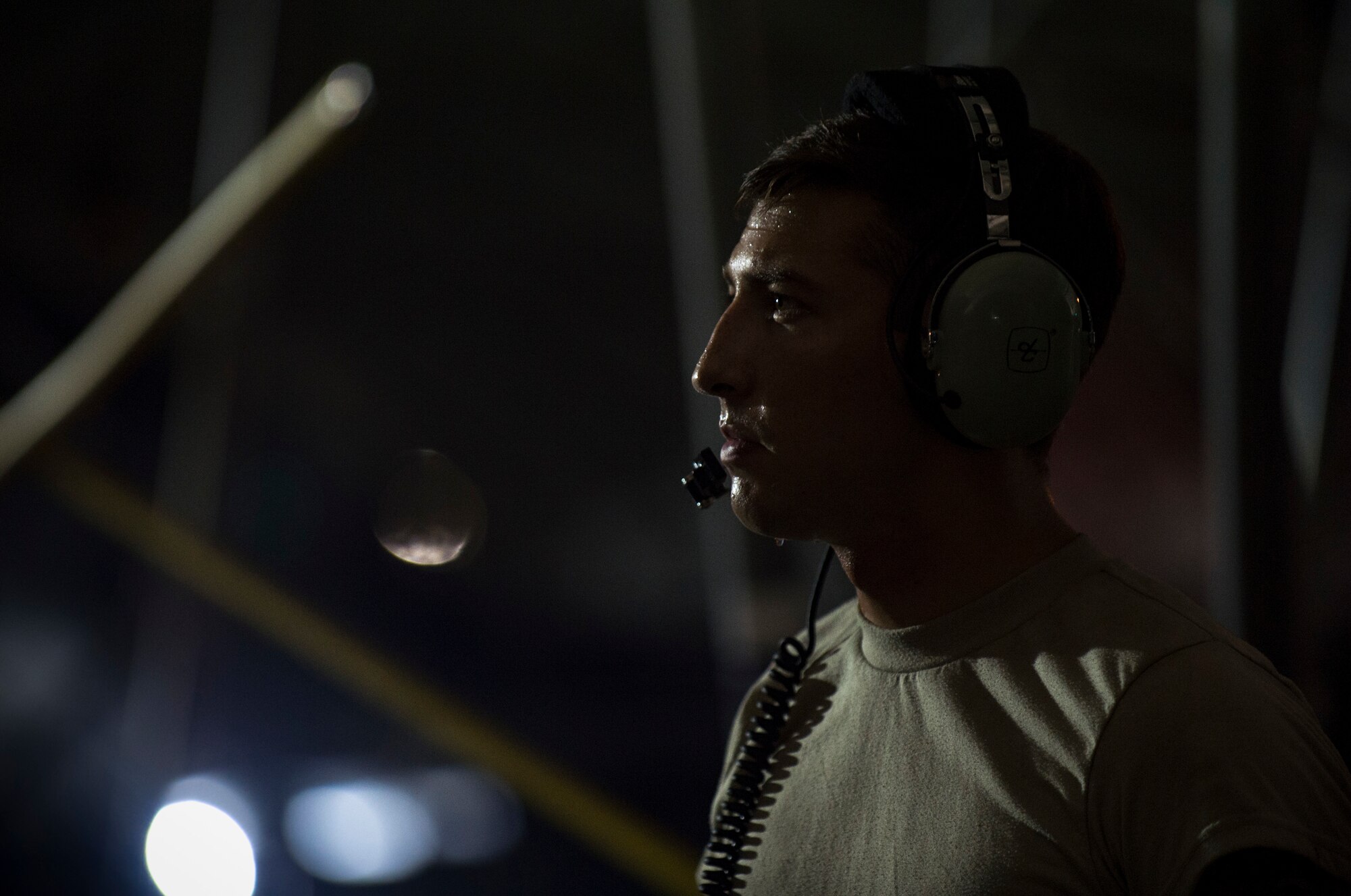 Senior Airman Michael Atkinson, 74th Aircraft Maintenance Unit dedicated crew chief, preforms a pre-flight systems check, July 9, 2018, at Moody Air Force Base, Ga. Airmen from the 75th Fighter Squadron (FS) and supporting units deployed to an undisclosed location in support of Operation Spartan Shield. (U.S. Air Force photo by Andrea Jenkins)