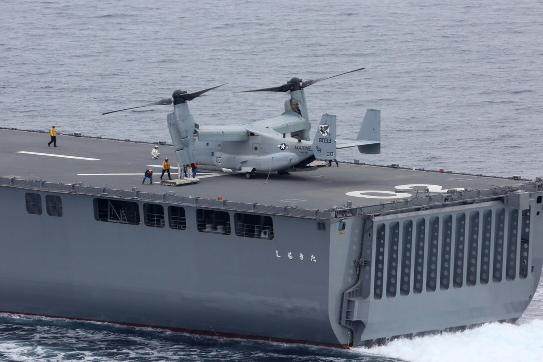 An MV-22B Osprey with Marine Medium Tiltrotor Squadron 161 sits aboard the JS Shimokita after landing on it during exercise Dawn Blitz, June 14. Dawn Blitz demonstrates the unique capabilities of the Marine Corps and Navy to rapidly respond to contingencies in coordination with our coalition partners.