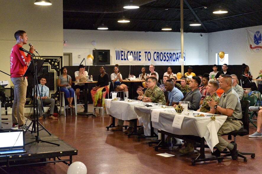U.S. Air Force Airman Dylan Cloud, 315th Training Squadron student, sings a song during the semi-annual Goodfellow’s Got Talent show at the Crossroads Student Ministry Center on Goodfellow Air Force Base, Texas, July 13, 2018. Leaders from each branch acted as judges and gave feedback for each performance. (U.S. Air Force photo by Senior Airman Randall Moose/Released)