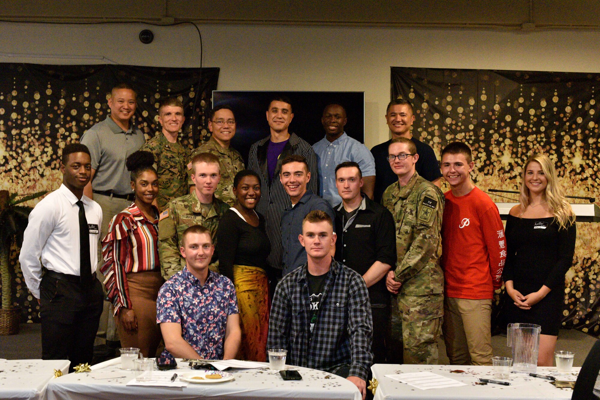 Judges and participants pose after the semi-annual Goodfellow’s Got Talent show at the Crossroads Student Ministry Center on Goodfellow Air Force Base, Texas, July 13, 2018.  The Crossroads Student Ministry Center host Goodfellow’s Got Talent show every year to allow students to express their unique skills. (U.S. Air Force photo by Senior Airman Randall Moose/Released)