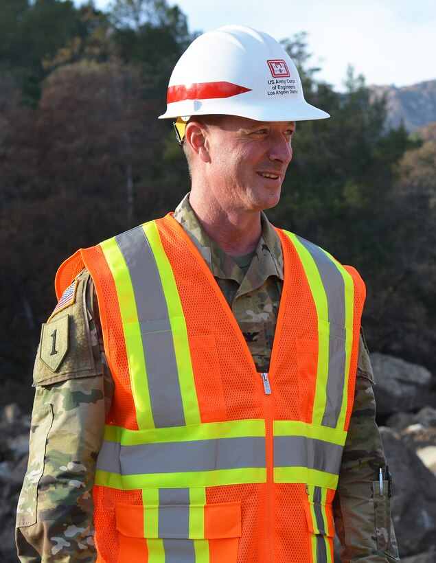 Col. Kirk Gibbs, U.S. Army Corps of Engineers commander, is pictured at the Cold Springs Basin during a Jan. 18 tour of Montecito, California, in Santa Barbara County. The LA District was instrumental is clearing out debris from 11 basins in Santa Barbara County, following a devastating debris/mudslide Jan. 9 in Montecito.