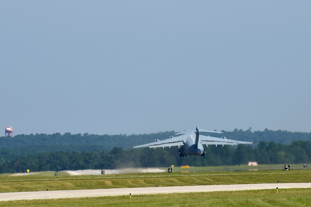 An Air Force C-17 C-17 Globemaster III takes off.