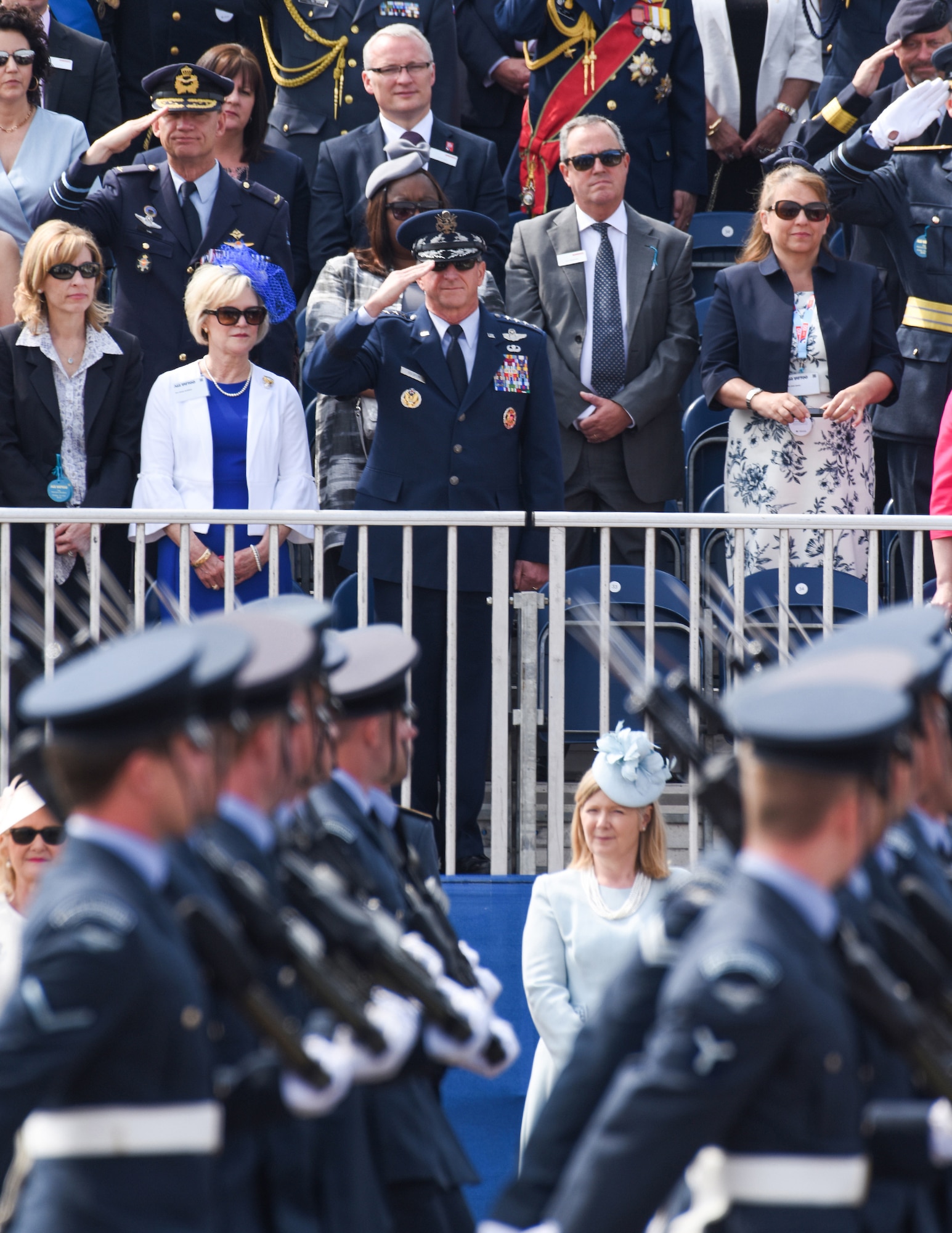 U.S. Air Force General David L. Goldfein (center), Chief of Staff of the USAF, salutes members of the Royal Air Force during the 2018 Royal International Air Tattoo at RAF Fairford, United Kingdom on July 13, 2018. This year’s RIAT celebrated the 100th anniversary of the RAF and highlighted the United States’ ever-strong alliance with the UK. (U.S. Air Force photo by TSgt Brian Kimball)