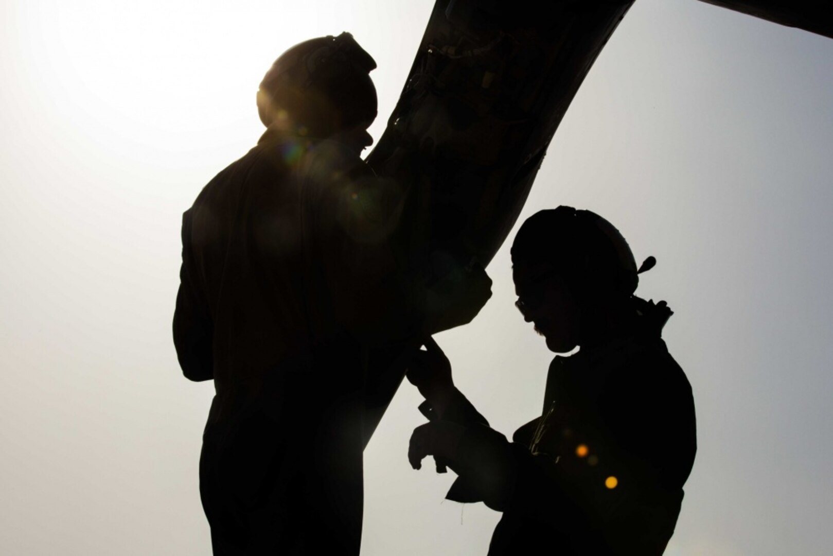 U.S. Marines perform routine maintenance on the rotor blade of an MV-22B Osprey during routine maintenance in support of Combined Joint Task Force – Operation Inherent Resolve on Al Asad Air Base, Iraq, June 8, 2018. CTJF-OIR is the military arm of the Global Coalition to defeat ISIS in designated parts of Iraq and Syria.