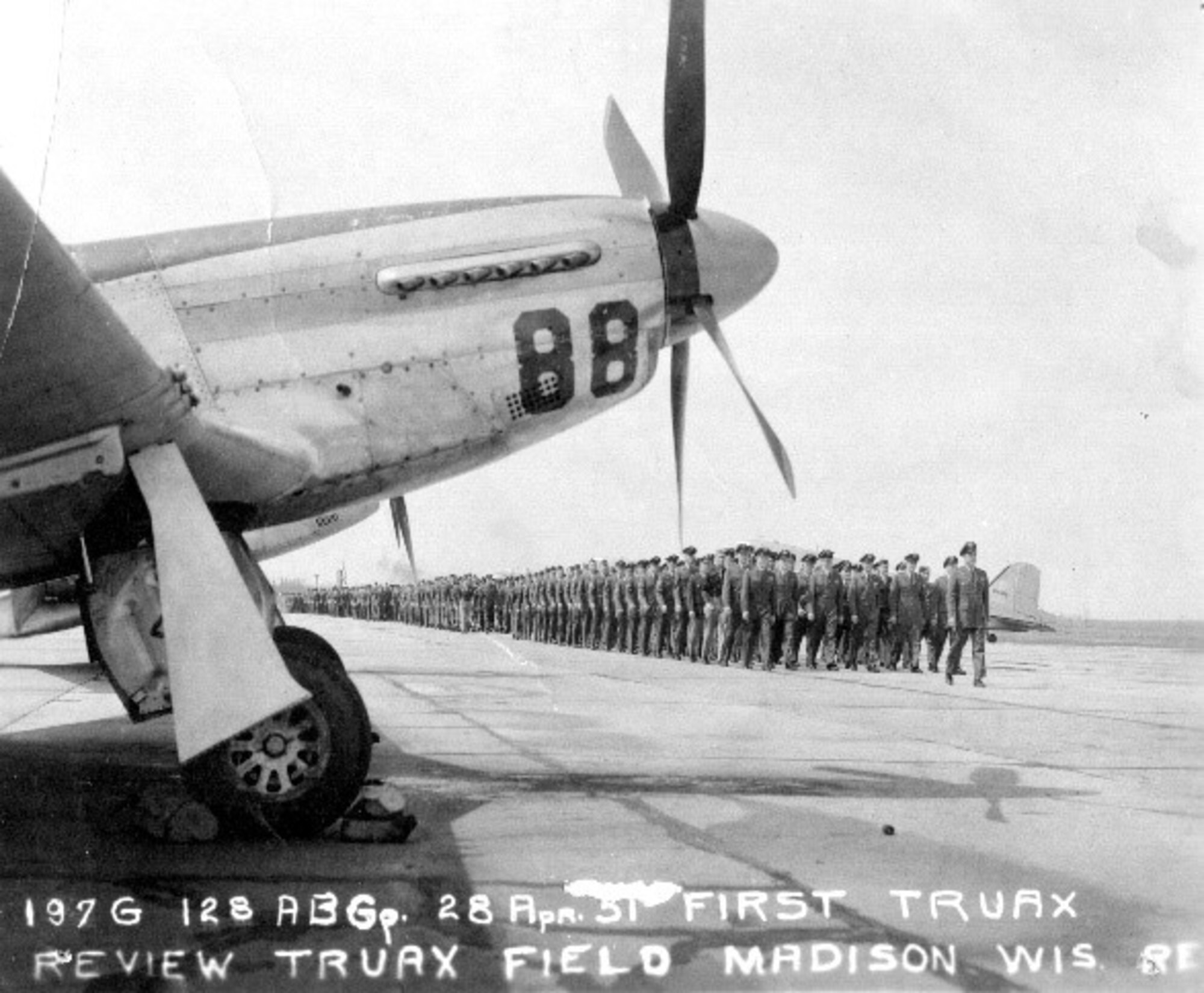 First Truax Field pass in review occurred April 28, 1951, with an F-51D Mustang in the foreground.  The F-51 Mustang was flown by the 115th Fighter Wing, then called the 176th Fighter Squadron from 1948-1952.