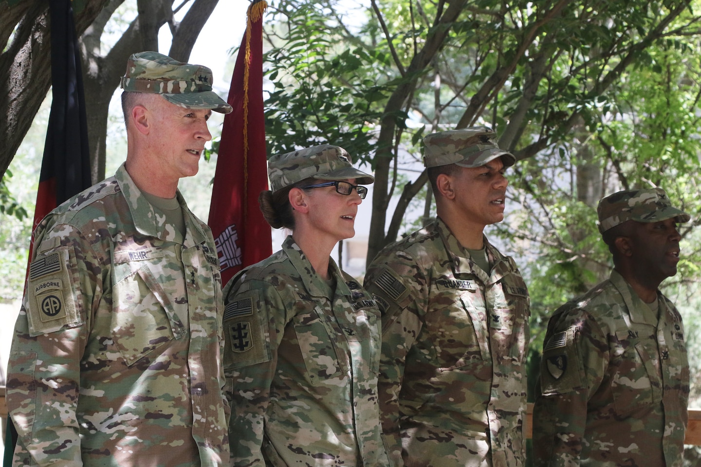 From left, Maj. Gen. Michael C. Wehr, USACE Deputy Commanding General; Col. Kimberly M. Colloton, outgoing Afghanistan District commander; Col. Mark C. Quander, Transatlantic Division commander; and Col. Jason E. Kelly, incoming Afghanistan District commander. These USACE leaders participate in a change of command ceremony for the Afghanistan District June 28.