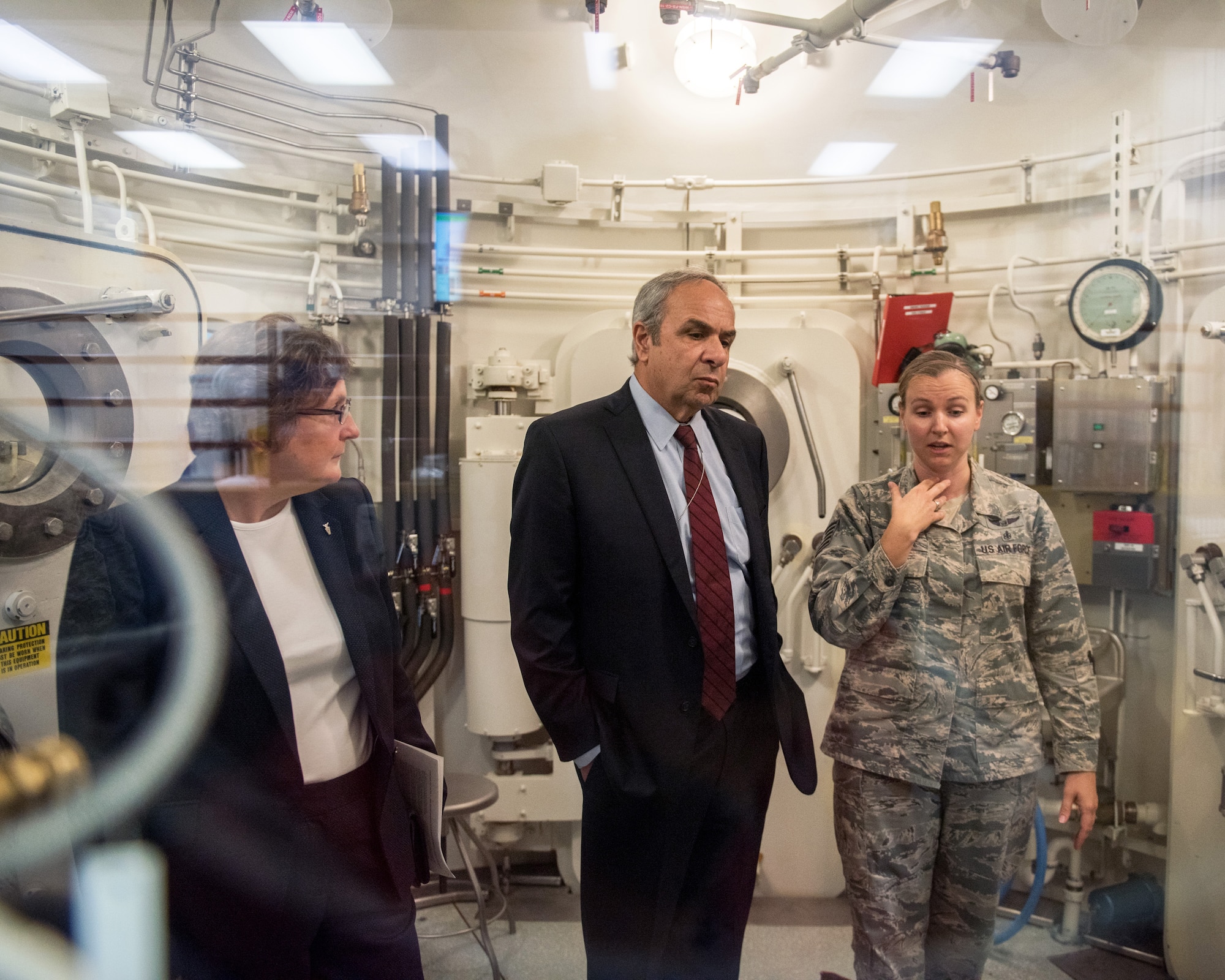 U.S. Air Force Tech. Sgt. Samantha Soran, right, 60th Medical Group, gives a briefing to Dr. Richard Joseph, Chief Scientist of the United States Air Force, Washington, D.C., during his visit to Travis Air Force Base, Calif., July 12, 2018. Joseph toured David Grant USAF Medical Center, Phoenix Spark lab and visited with Airmen. Joseph serves as the chief scientific adviser to the Chief of Staff and Secretary of the AF, and provides assessments on a wide range of scientific and technical issues affecting the AF mission. (U.S. Air Force photo by Louis Briscese)