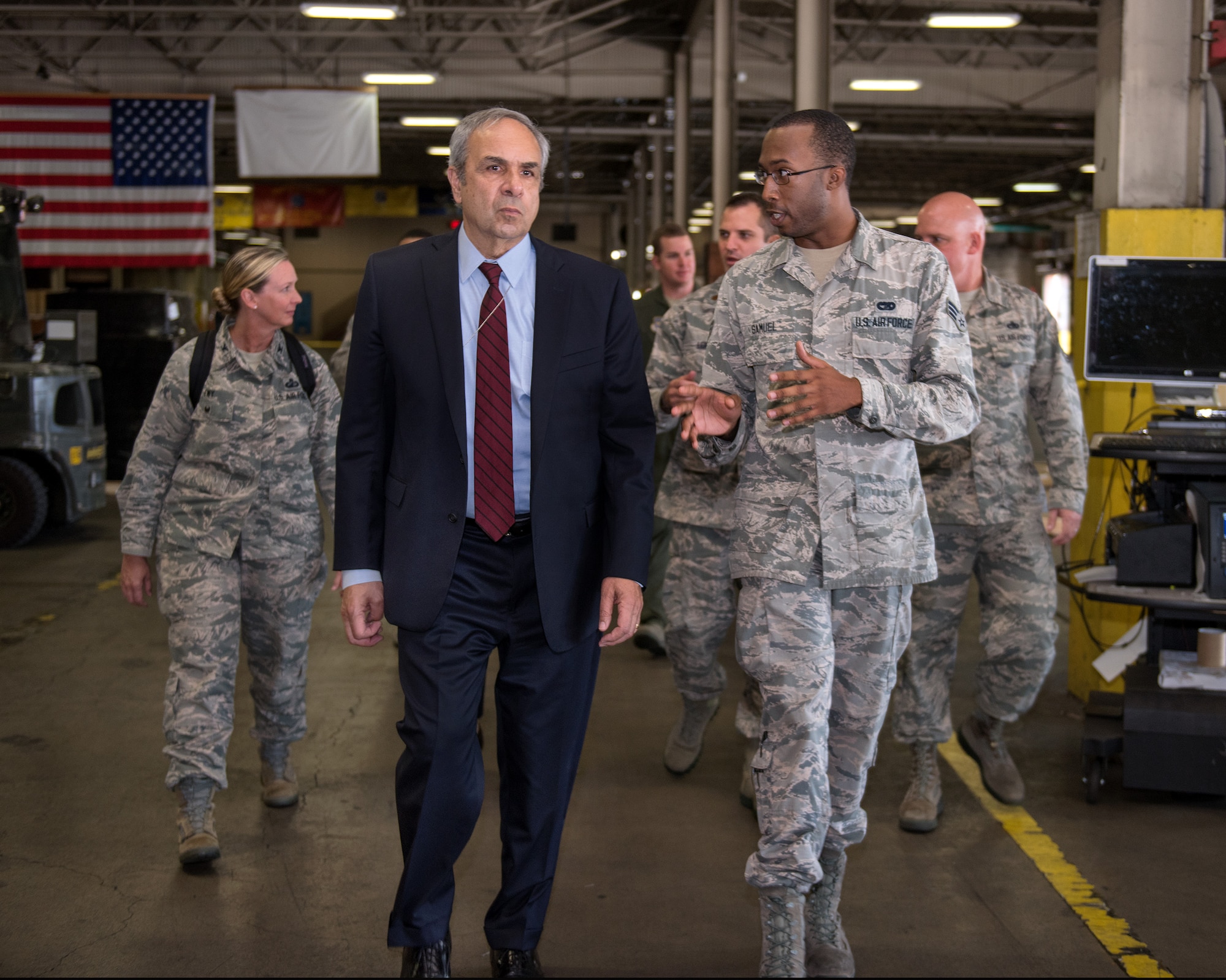 U.S. Air Force Senior Airman Michael Samuel, 60th Aerial Port Squadron gives a briefing to Dr. Richard Joseph, Chief Scientist of the United States Air Force, Washington, D.C., during his visit to Travis Air Force Base, Calif., July 12, 2018. Joseph toured David Grant USAF Medical Center, Phoenix Spark lab and visited with Airmen. Joseph serves as the chief scientific adviser to the Chief of Staff and Secretary of the AF, and provides assessments on a wide range of scientific and technical issues affecting the AF mission. (U.S. Air Force photo by Louis Briscese)