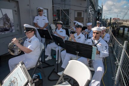 Members of the Naval Nuclear Power Training Command Band perform during a ceremony to welcome home WWII Veteran Waitman Kapaldo to the USS Laffey and to honor Kapaldo’s fallen comrades July 6, 2018 at Patriots Point in Mount Pleasant, S.C.