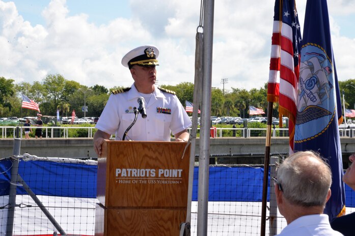 Naval Health Clinic Charleston Commanding Officer Capt. Dale Barrette pays tribute to WWII Veteran Waitman Kapaldo, thanking him for his tremendous sacrifices, and those of his fallen shipmates, “to preserve our democratic way of life.”
