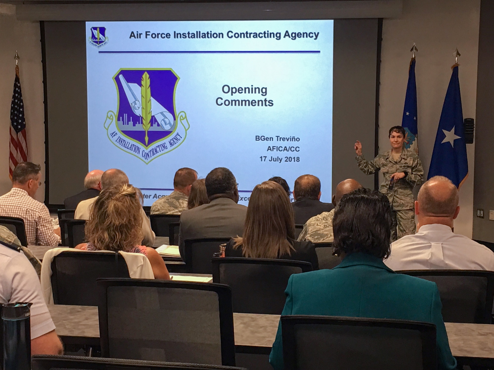 Brig. Gen. Alice W. Treviño, Air Force Installation Contracting Agency commander, delivers opening remarks at AFICA’s third annual Enterprise Sourcing Summit held at the Air Force Institute of Technology at Wright-Patterson Air Force Base July 17-18, 2018.