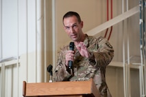 Col. Kristopher “Scot” Terry thanks senior leadership from the 919th Special Operations Wing and shares his vision with maintenance professionals from the unit July 15, 2018.