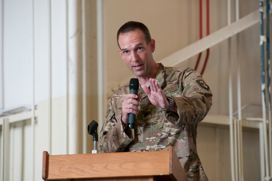 Col. Kristopher “Scot” Terry thanks senior leadership from the 919th Special Operations Wing and shares his vision with maintenance professionals from the unit July 15, 2018.