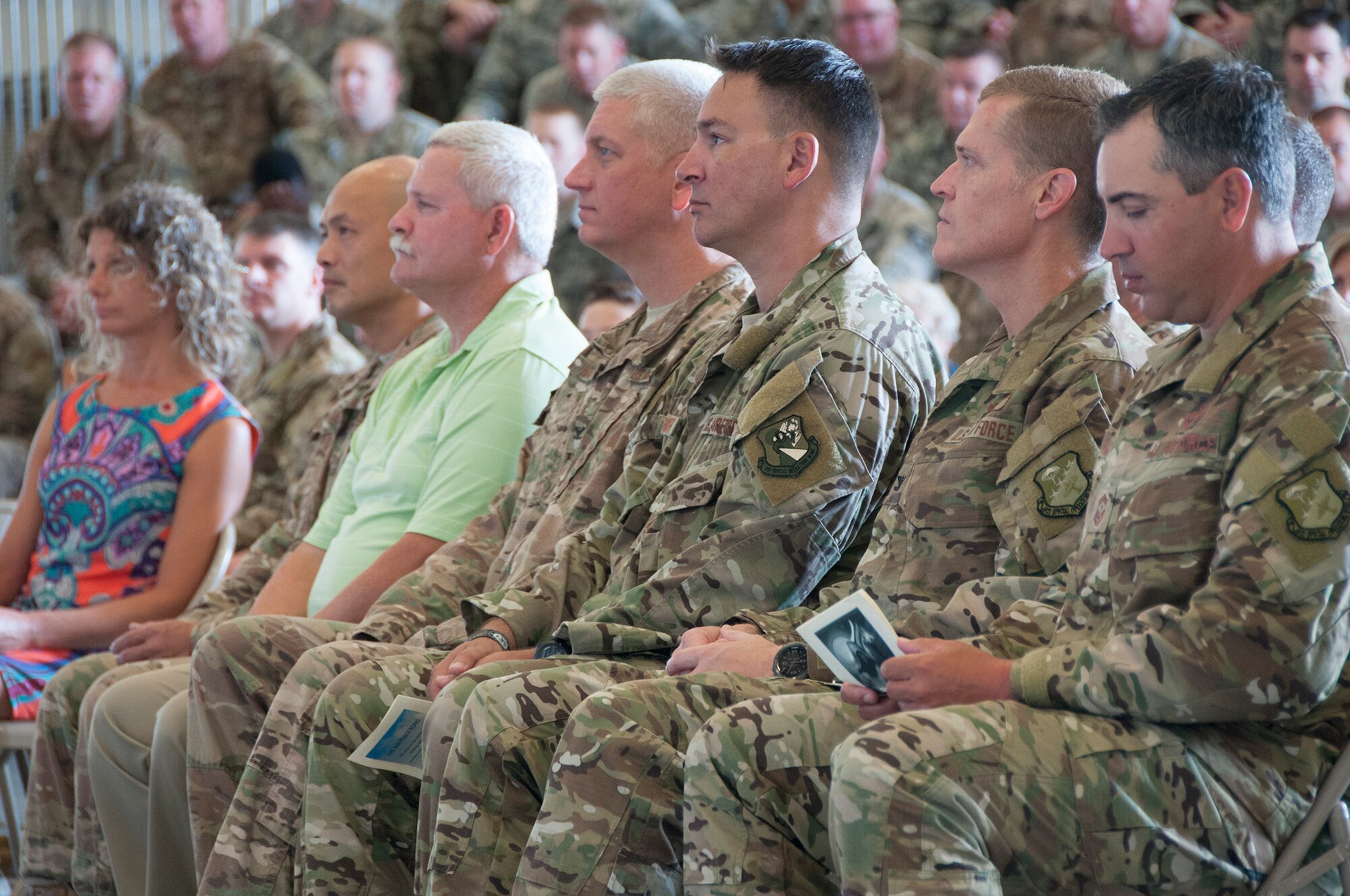 Senior leaders from Duke Field listen as Col. Kristopher “Scot” Terry shares his thoughts on leadership of the maintenance mission here during an assumption of command ceremony at Duke Field, Fla. July 15, 2018.