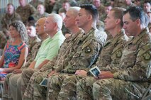 Senior leaders from Duke Field listen as Col. Kristopher “Scot” Terry shares his thoughts on leadership of the maintenance mission here during an assumption of command ceremony at Duke Field, Fla. July 15, 2018.
