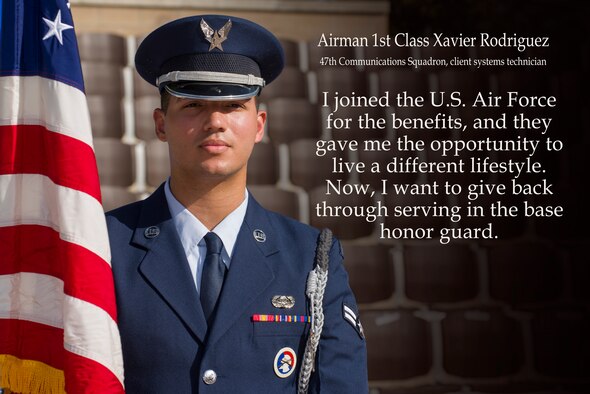 For Airman 1st Class Xavier Rodriguez, 47th Communications Squadron client systems technician, becoming a member of the base honor guard is more than making his resume look good. To Rodriguez, the honor guard—along with becoming an experienced professional in his career field—is his way of giving back to the U.S. Air Force. (U.S. Air Force photo by Airman 1st Class Anne McCready)