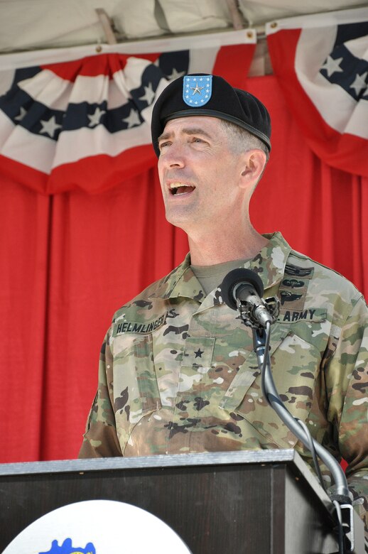 Brig. Gen. Pete Helmlinger, U.S. Army Corps of Engineers South Pacific Division commander, speaks to the audience during a July 19 change of command ceremony at Fort MacArthur in San Pedro, California.