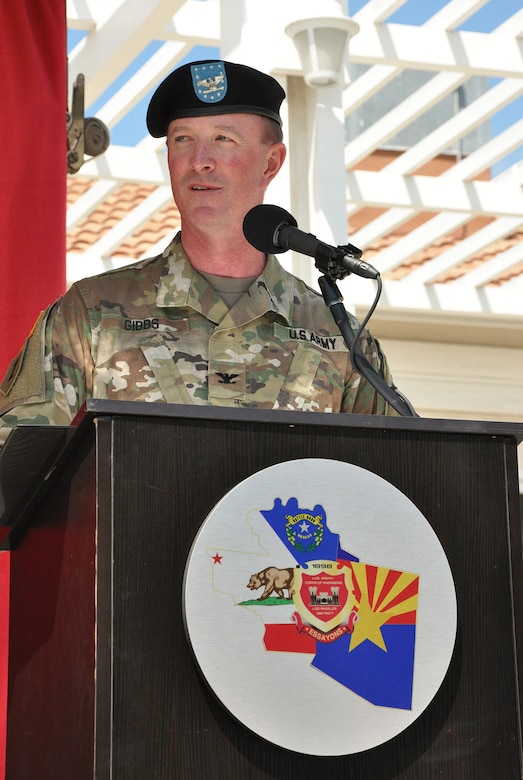 Col. Kirk Gibbs, outgoing U.S. Army Corps of Engineers Los Angeles District commander, speaks during a July 19 change of command ceremony at Fort MacArthur in San Pedro, California.