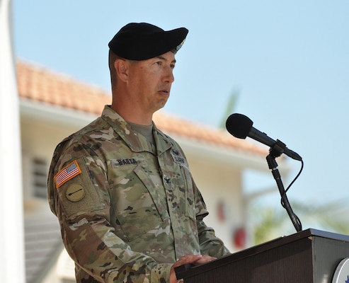 Col. Aaron Barta, incoming U.S. Army Corps of Engineers Los Angeles District commander, speaks during a July 19 change of command ceremony at Fort MacArthur in San Pedro, California.