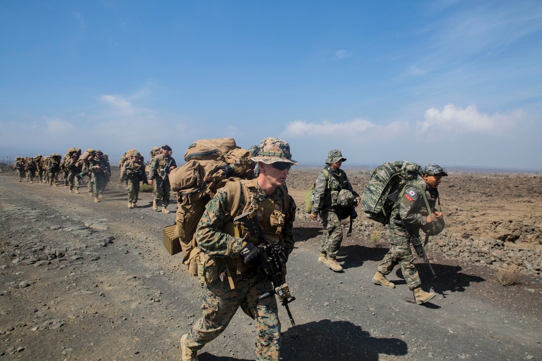 ROK and U.S. Marines hike on Island of Hawaii during RIMPAC