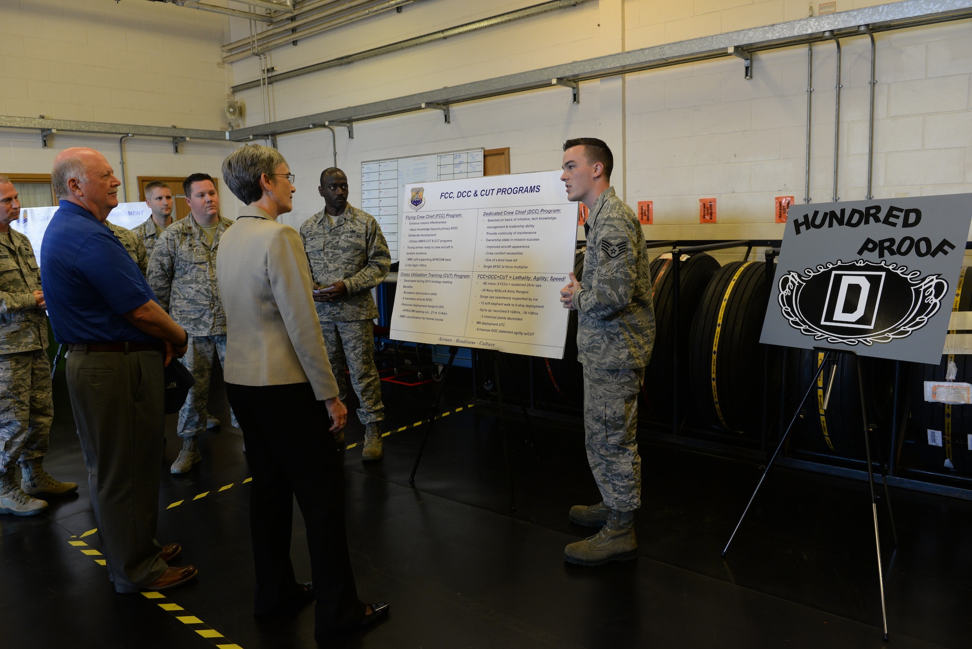 Secretary of the Air Force Heather Wilson speaks with Airmen from the 100th Maintenance Squadron about the new innovation used for maintaining the KC-135 Stratotankers assigned to RAF Mildenhall, England, July 12, 2018. Secretary Wilson visited RAF Mildenhall to engage with Airmen from the 100th ARW and discuss innovations and strategy. (U.S. Air Force photo by Airman 1st Class Alexandria Lee)