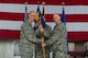 U.S. Air Force Col. Jason E. Bailey, 52nd Fighter Wing commander, left, passes the ceremonial guidon to Col. Timothy Trimmell, incoming 52nd Maintenance Group commander, during the 52nd MXG change of command ceremony in Hangar 1 at Spangdahlem Air Base, Germany, July 20, 2018. (U.S. Air Force photo by Airman 1st Class Jovante Johnson)