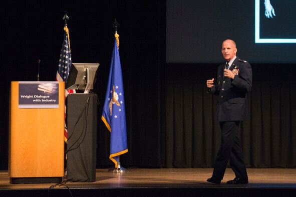 Air Force Vice Chief of Staff Gen. Stephen W. Wilson addresses a crowd during the Wright Dialogue with Industry event in Dayton, Ohio, July 18, 2018.