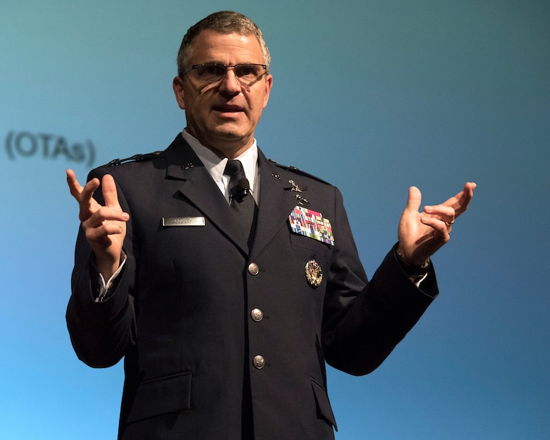 Maj. Gen. William T. Cooley, commander of the Air Force Research Laboratory, addresses a crowd of more than 600 at the Wright Dialogue with Industry event July 17, 2018 at the Dayton Convention Center.