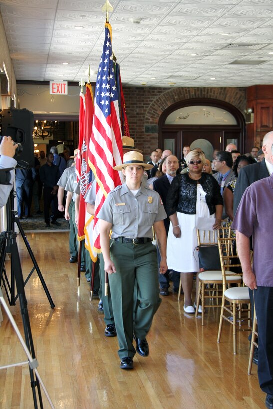 New England District color guard march into NAD change-of-command ceremony